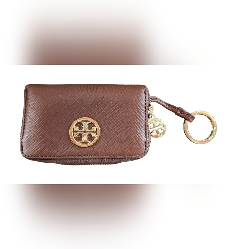 Tory Burch Brown Saffiano Leather Zip Coin Purse Wallet Key Ring Logo Compact